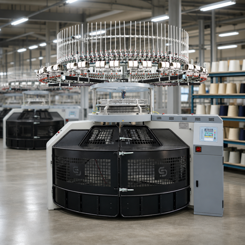 Smart open width circular knitting machine with high speed performance data and digital control interface.