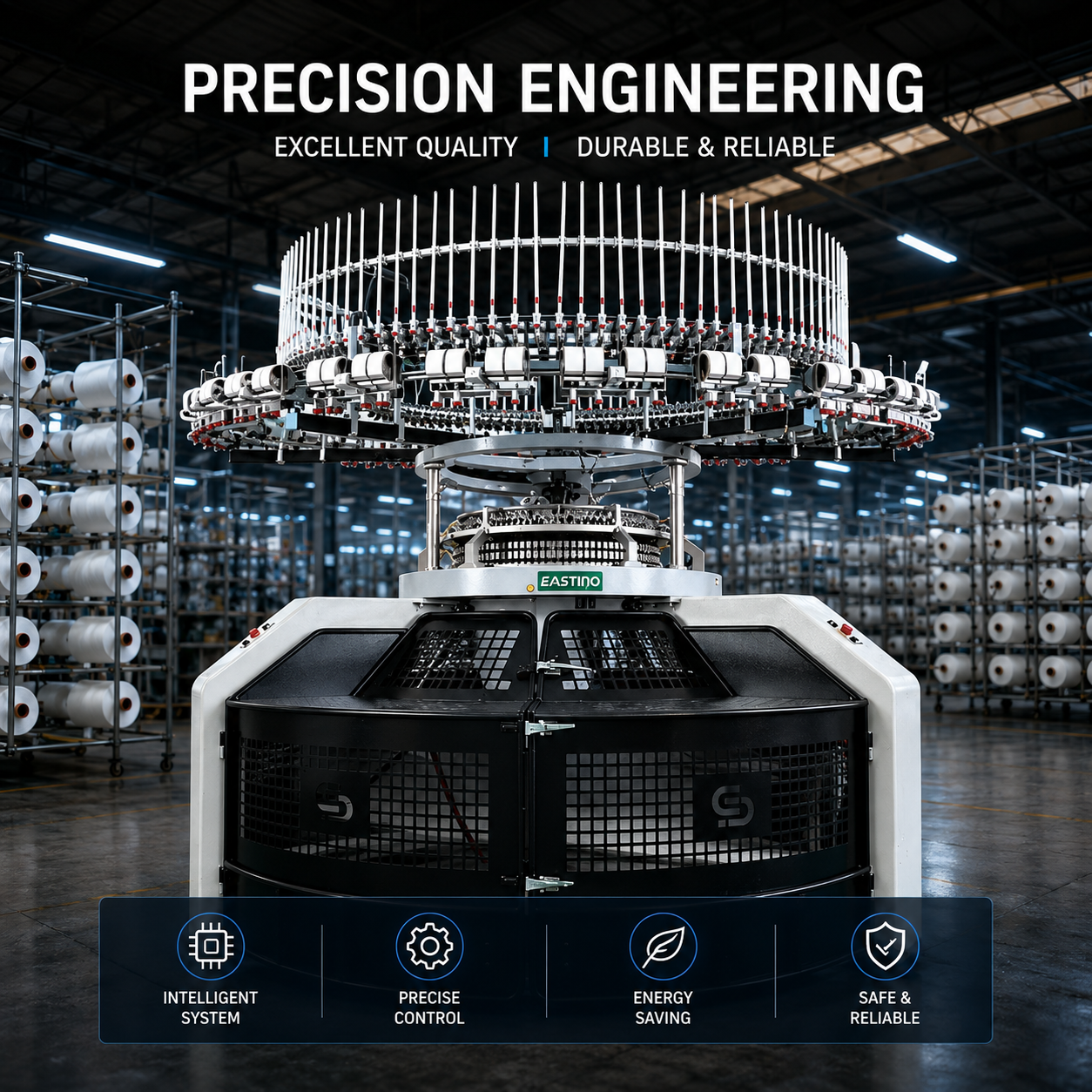 Powerful single jersey open width circular knitting machine operating on a modern textile production floor.