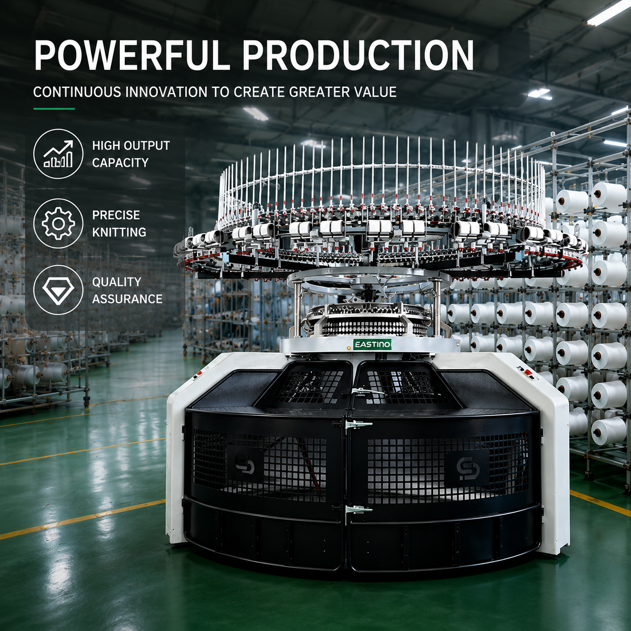 High speed single jersey open width circular knitting machine installed in a modern textile manufacturing facility.