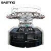 Front isometric view of 34 inch 24G 102F single jersey open width circular knitting machine with control panel and yarn creel structure on white background.