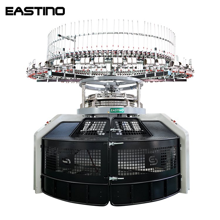 Front isometric view of 34 inch 24G 102F single jersey open width circular knitting machine with control panel and yarn creel structure on white background.