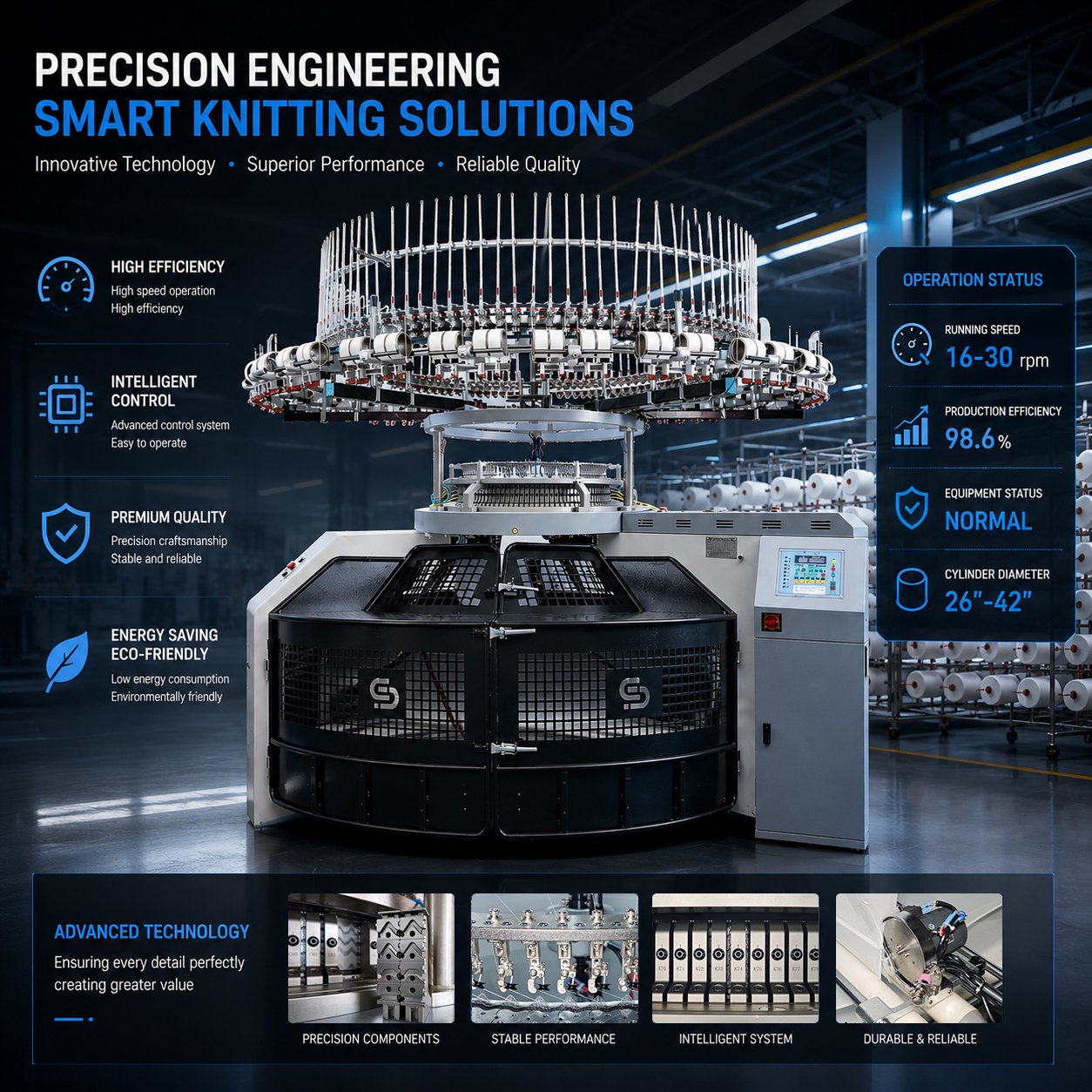 34 inch 24G single jersey open width circular knitting machine with operational status metrics and components breakdown.